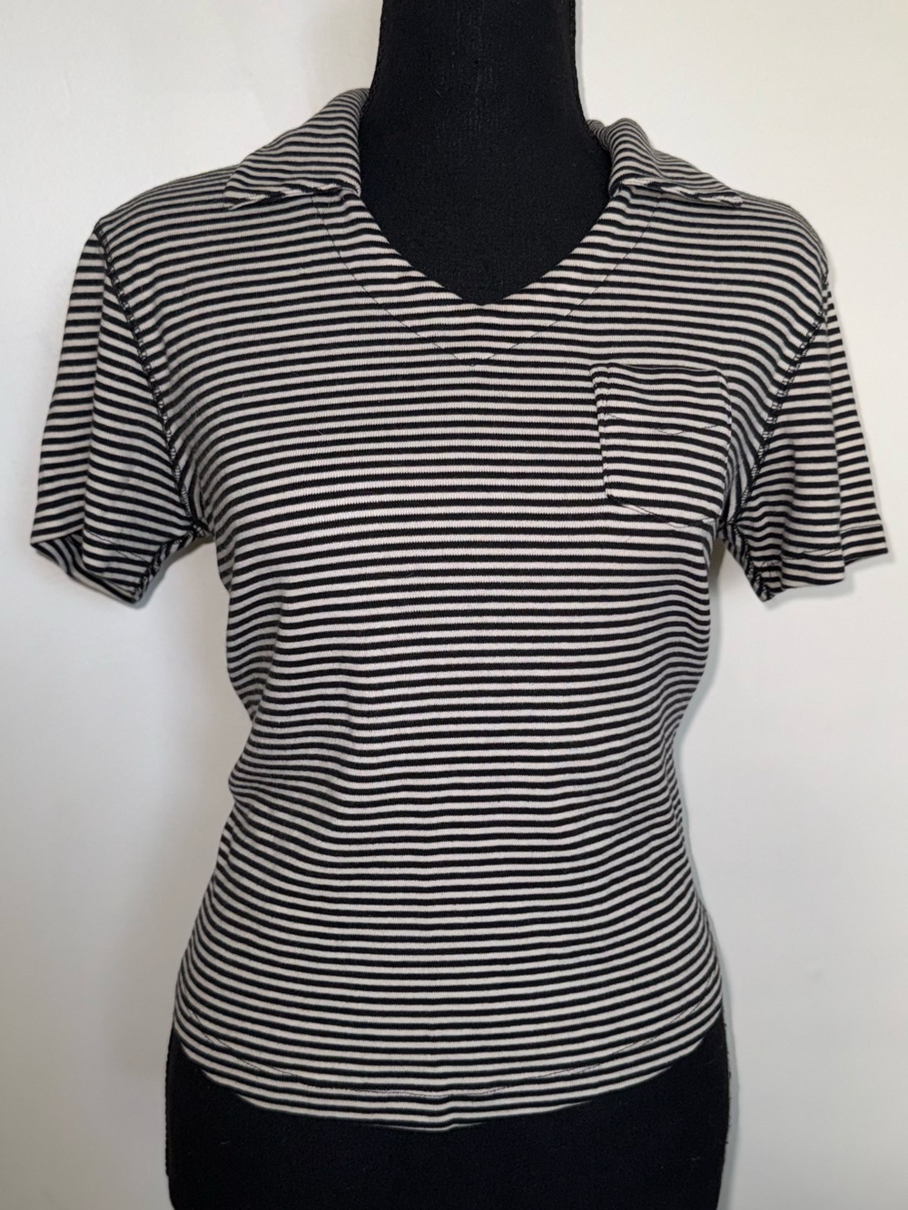 Vintage 90s St. John's Bay Black and White Striped V-Neck Pocket Polo Tee - M